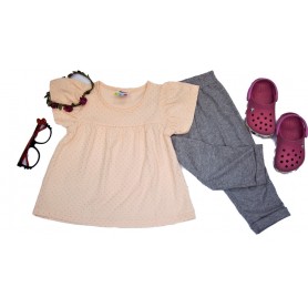 Summer Beige Color Short Ruffle Long Pant Set