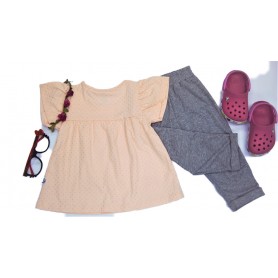 Summer Pink Color Short Ruffle Long Pant Set